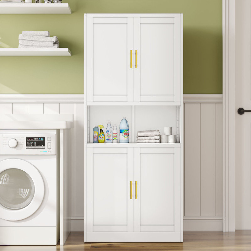 Freestanding Metal Kitchen Bathroom Floor Storage Cabinet with Open Countertop, White