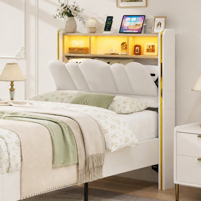 48" Tall Twin Size Hidden Storage Headboard with LED Lights, Velvet Upholstered Twin XL Headboard with Storage, 2 Outlets, Charging Station & 2 Usb Ports, Easy Assembly, Attach Frame, Beige