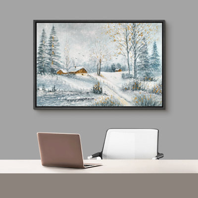Winter Village Rustic Snow Pine Tree Country Scenery Landscape Decor Framed Canvas Print Wall Art