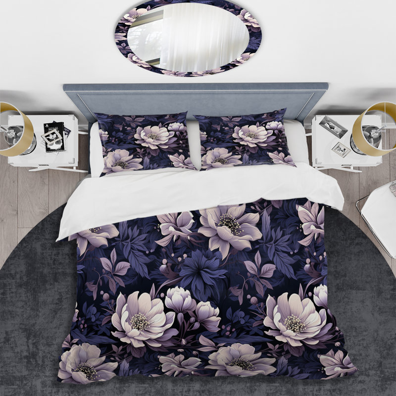 Shadowed Blossoms Moody Patterns II Polyester Floral Duvet Cover Set, Queen Duvet Cover + 2 Standard Shams