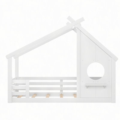 Lit de maison avec fenêtre et petite tablette, lit en bois massif avec toit en forme de maison, sans sommier