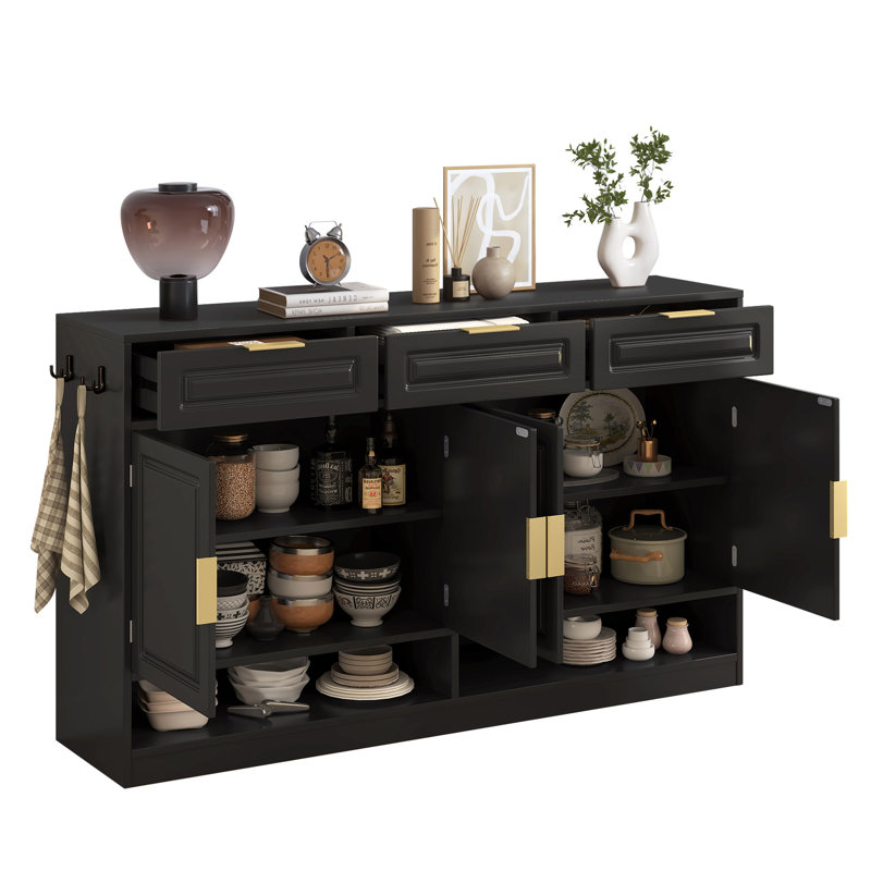 Baynard Wooden Sideboard with 3 Drawers & Adjustable Shelf, Black