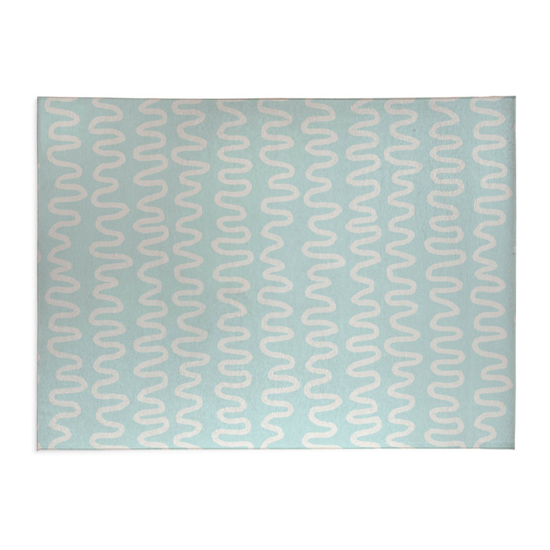 Wiggle Stripe Lightweight Non-Slip Kitchen Mat, Rectangle 4' x 6', Light Blue