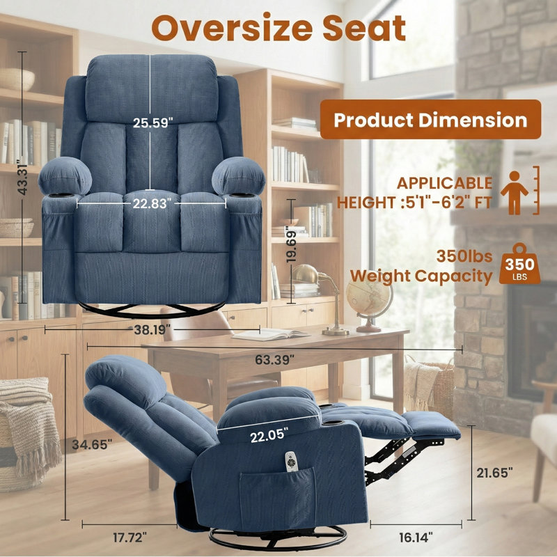 Fauteuil inclinable surdimensionné avec chaleur et massage, Bleu