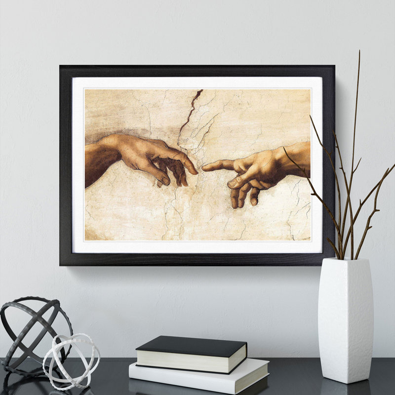 Creation of Adam Hands by Michelangelo - Picture Frame Painting, 48cm H x 65cm W x 2cm D, Black Framed