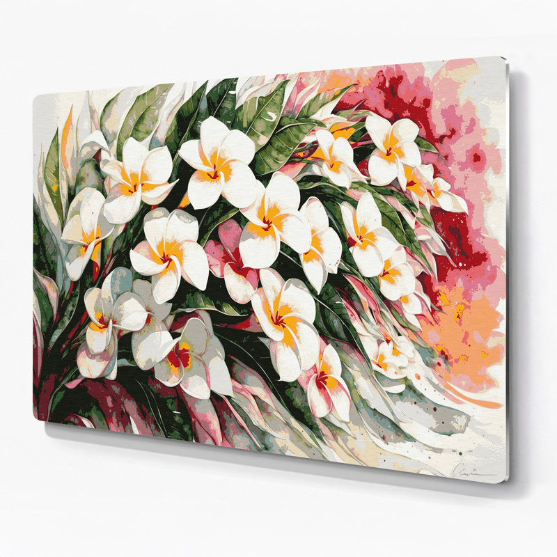 Art mural hawaïen plumeria beige en métal, H 16 po x l 20 po
