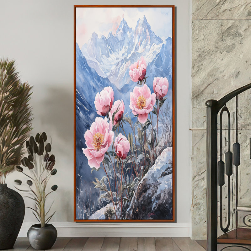 Pivoines par les sommets enneigés II - pivoines, art encadré, H 60 po x l 28 po, Brun, Reproduction avec cadre flottant