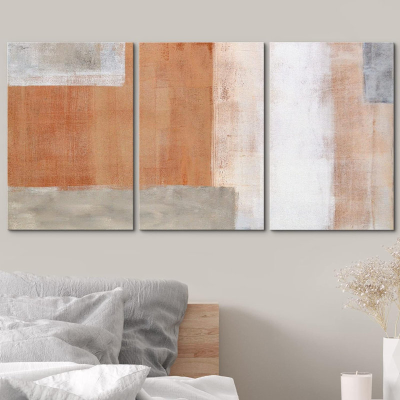 «Brown and Grey Geometric Color Blocks Abstract Shapes Chic Ultra on Canvas», reproduction de 3 pièces, Toile tendue