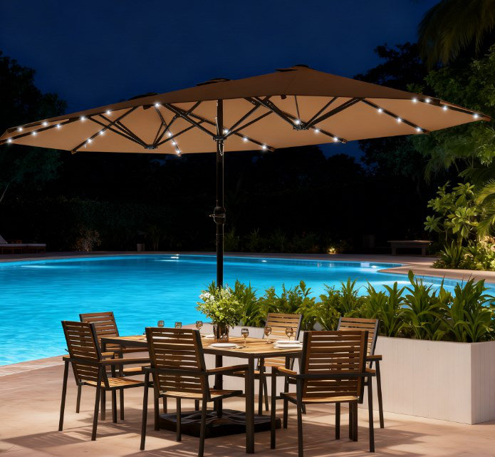 Parasol à double face, parasol à double face avec base, parasol de patio avec lumières solaires à DEL, Kaki