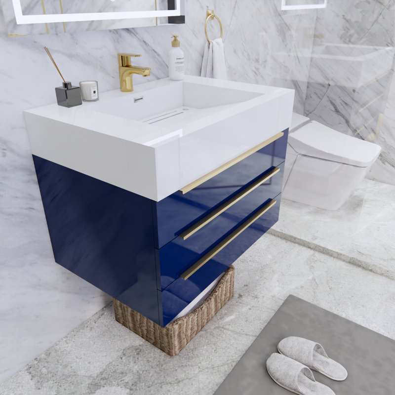 Glasgow 29.5'' Single Bathroom Vanity with Acrylic Top, High Gloss Night Blue, White