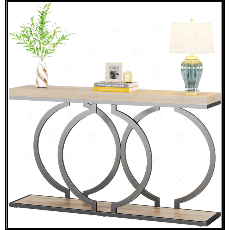 Console industrielle de 55 po - Canapé d'entrée long et étroit avec structure en métal géométrique et plateau en bois gris rétro