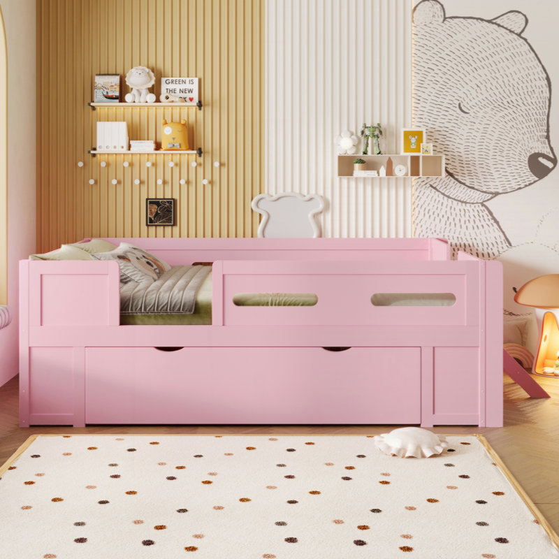 Lit plateforme en bois avec garde-corps et tiroir, Lit simple, Rose