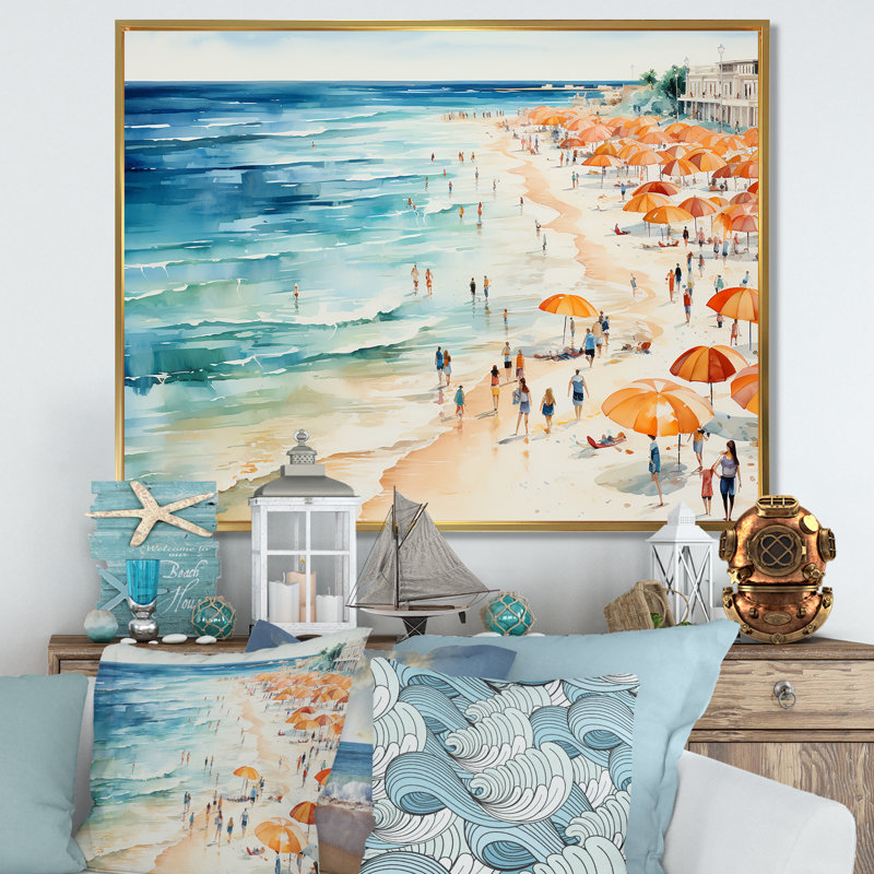 Reproduction d'art sur toile Beach Day, Cadre flottant doré, H 34 po x l 44 po x P 1,5 po