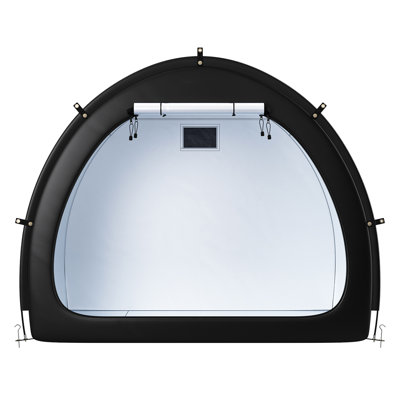 Ventilateur de tente de rangement pour vélo d'extérieur - en forme imperméable pour 4 à 5 vélos avec double revêtement, tissu enduit argenté 210d, conception arquée, structure en fibre de verre renforcée, stabilisation triangulaire en plusieurs points