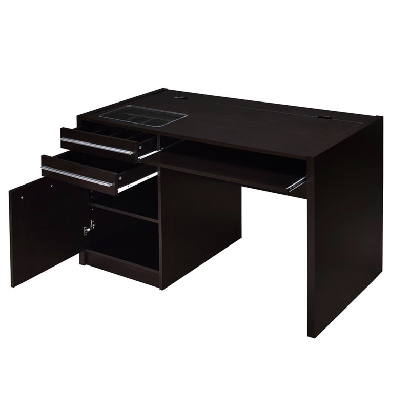 Bureau en cappuccino avec option de charge Connect-it: rangement surélevé, gestion des câbles, plateau à clavier, 2 tiroirs, armoire à 1 porte