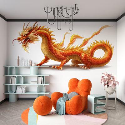 Adhésif décoratif dragon chinois, dragon doré, art mural, décoration murale asiatique, chambre d'enfant, grand autocollant en vinyle pour chambre d'enfant