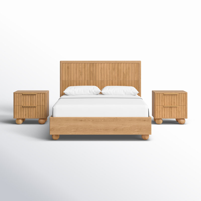 Camila Solid Wood Piece Bedroom Set, Queen, 3 Pcs. Bed, 2 Nighstands