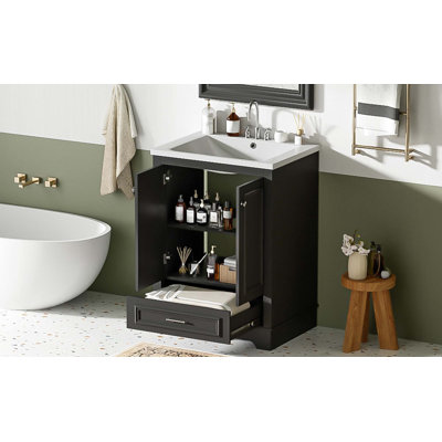 Meuble-lavabo 24 po avec lavabo en céramique, armoire de rangement autoportante moderne avec poignées argentées, portes à fermeture douce