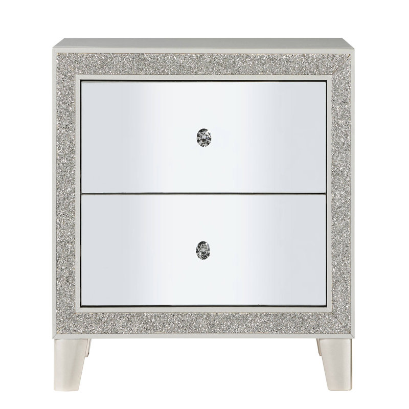 Champagne Bedroom Nightstand With 2 Drawers - Mirrored And Felt Protected Area In Lining For Style
