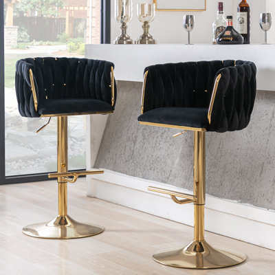 Swivel Adjustable Height Bar Stool Modern Velvet Barstool with Barrel Back Kitchen Island Counter Bar Chair with Golden Base
