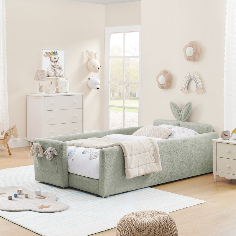 Lit plateforme simple avec matériau Boucle, conception mignonne d'oreille de lapin, fonctionnalité et rangement, couleur cyan pour la structure de la chambre à coucher, tête de lit, poche de rangement,