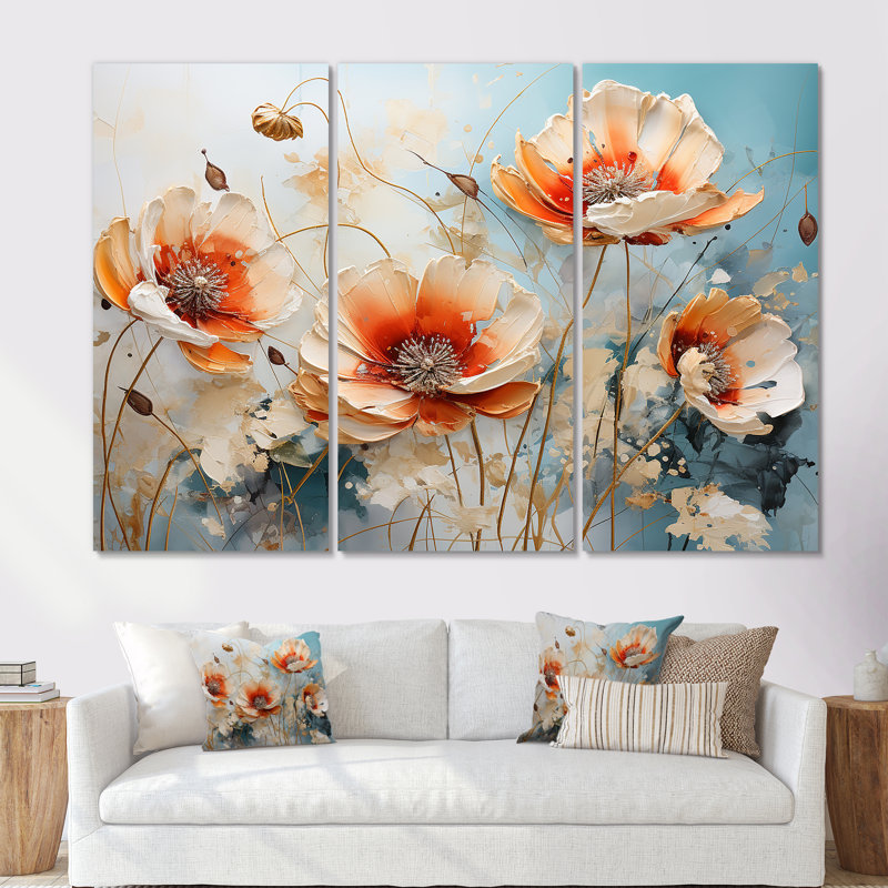 Peach Poppies Farmhouse Country Charm - Ensemble de décorations murales coquelicots, Toile tendue, H 28 po x l 36 po x P 1 po