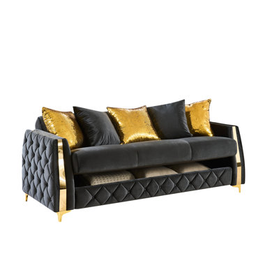 Black Luxury With Cushion Back, Gold-tone Legs, And Under Storage For Multifunctional Spaces 3 In Upholstery, Frame, Hidden Bed Mechanism