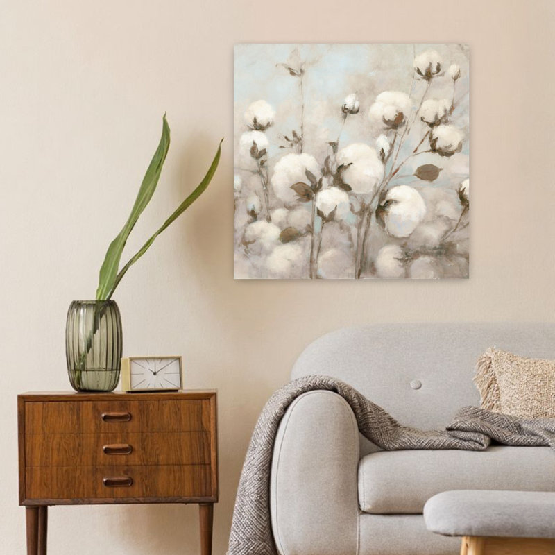 Art contemporain contemporain en coton avec fleurs neutres, H 24 po x l 24 po