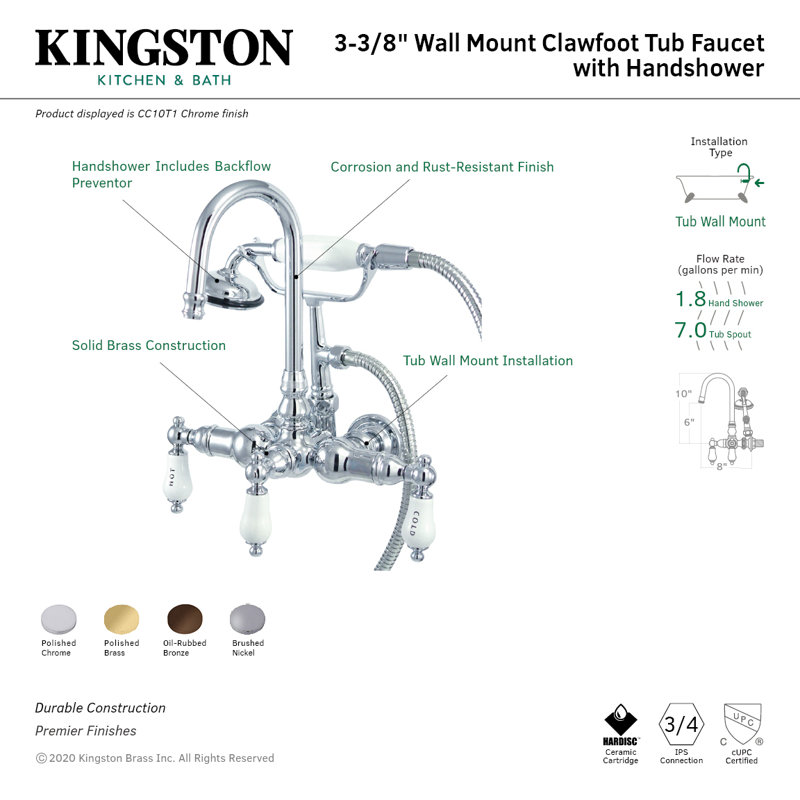 Robinet de baignoire mural à 3 poignées et 2 pattes avec douche à main Kingston Kingston, Bronze huilé