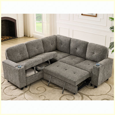 5-Seat Linen Sofa with Pull Out Sleeper, USB Ports, Cup Holders , Grey for Li...