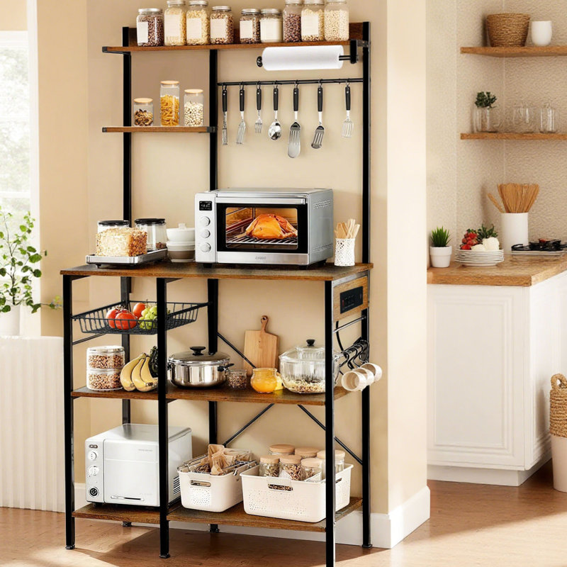 Support pour micro-ondes avec rangement et prise de courant, support pour épices Bakers, crochets en forme de S pour bar à café, panier de tablette de cuisine brun, option d'économie d'espace, structure renforcée, bar, rangement pour épices en fil de fer