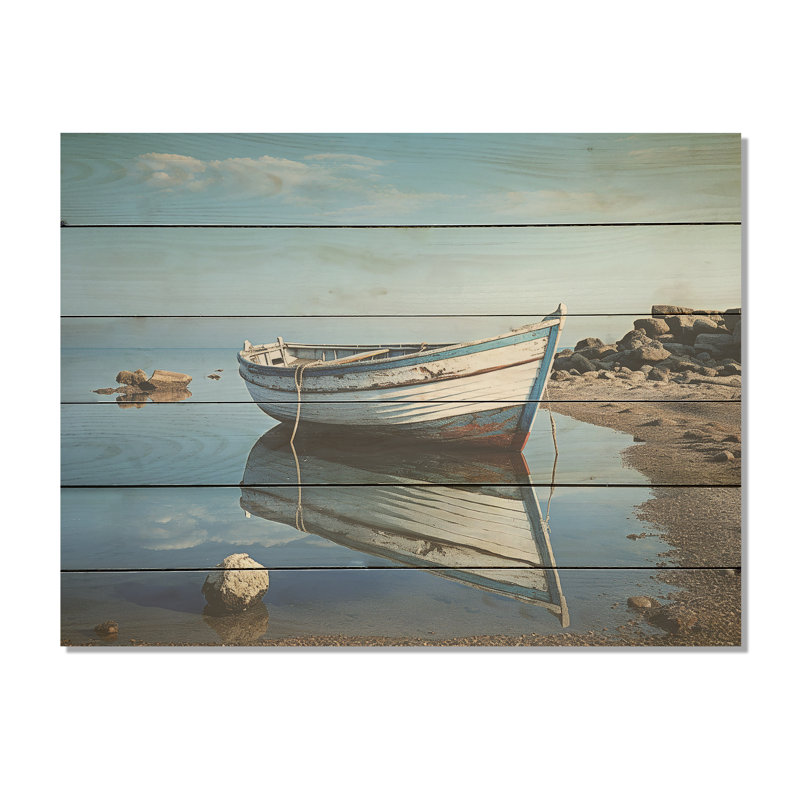 Bateau, paysage au bord du lac I - Bateau côtier, art mural sur bois de pin naturel, H 10 po x l 20 po