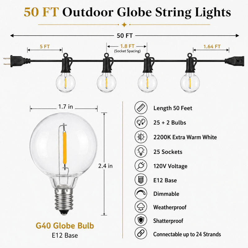 Guirlande de 25 lumières à DEL de 50 pi avec 25 lumières à incandescence connectables, résistantes aux intempéries, lueur chaude 2200K