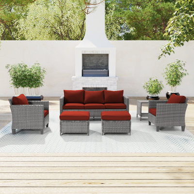 Outdoor 6 Piece Furniture Conversation PE Gray Wicker/Rattan Patio Sofa Set, With Thick Cushions and Side Table