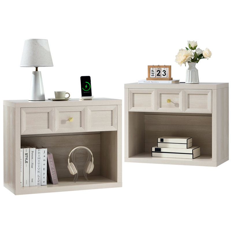 Table de chevet 1 tiroir 30,7 pouces et 1 armoire de rangement ouverte, blanc, 2 pièces, Blanc, Ensemble de 2