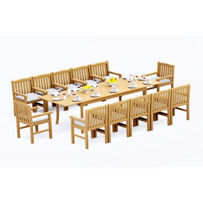 Ensemble de salle à manger en bois de teck Grade-A: table rectangulaire à double extension de 118 po et fauteuils Devon # 11DV2408