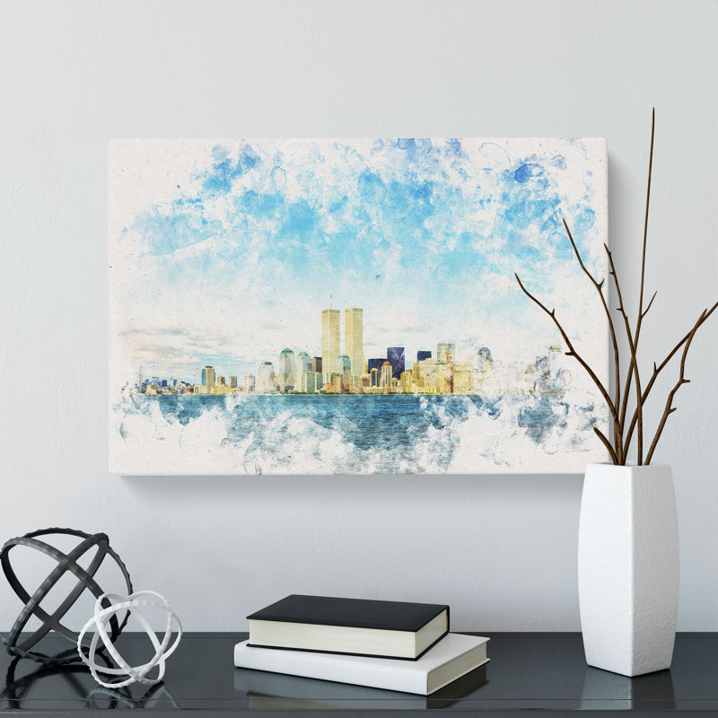 New York Skyline with the Twin Towers Watercolour - Wrapped Canvas, 50cm H x 76cm W x 3cm D