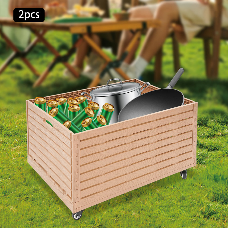 Set Of 2 Foldable Storage Bins With Wheels, Large 52.8-Gallon Rolling Containers With Wood Grain Finish For Home, Garage, And Office Organization