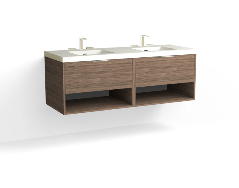 Modo 60" W Wall Mounted Double Bathroom Vanity, Matte White/Single, White Acrylic, Satin Nickel