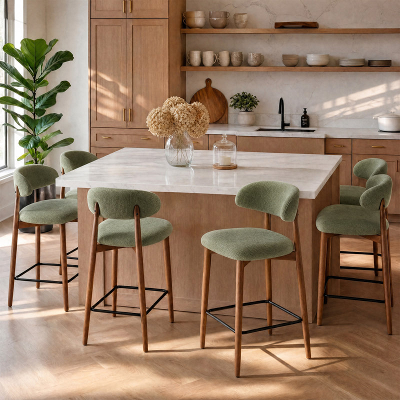 Chaise rembourrée en bois massif avec tabouret, Vert, 6