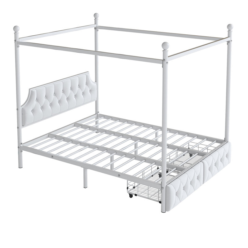 Grand lit plateforme tapissier avec tête de lit et 2 tiroirs de rangement, blanc, conception peu encombrante
