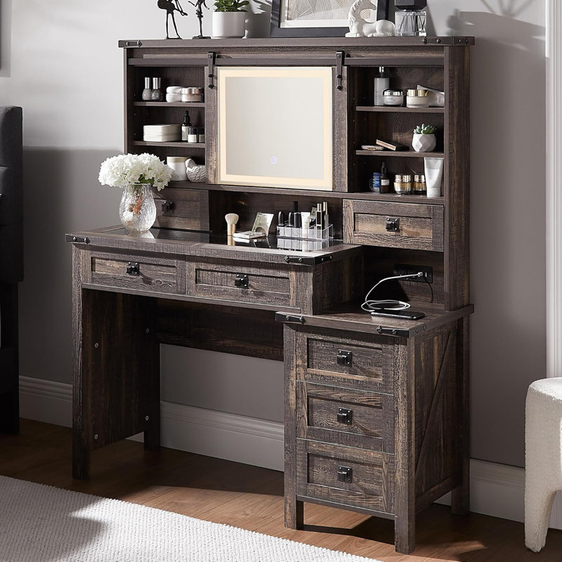 48''farmhouse Makeup Vanity Desk With Lights & Charging Station，3 Brightness Lights, Glass Desktop With Ample Storage Space And Sliding Mirror