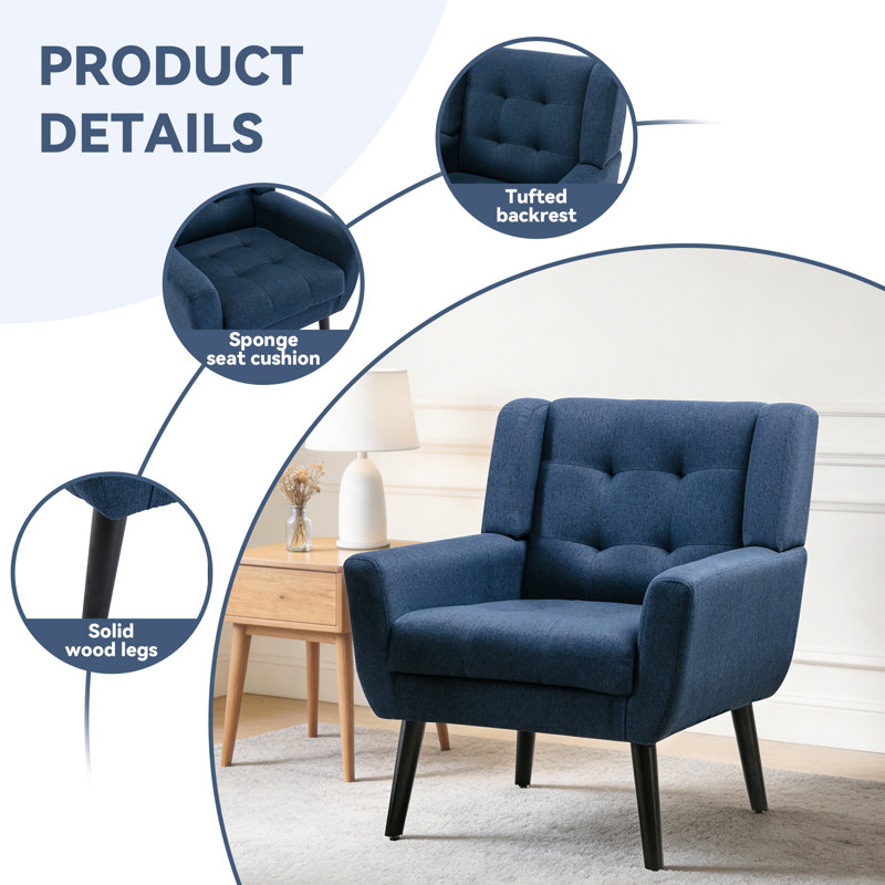 Bolanle 30" W Tufted Wide Back Accent Armchair, Navy Blue Linen