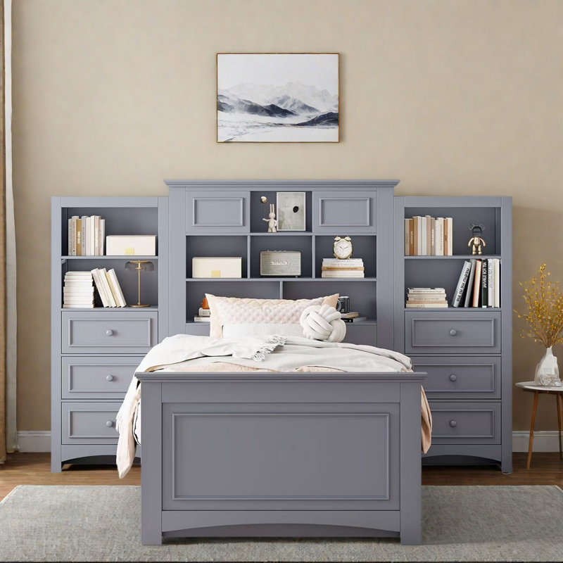 Lit plateforme en bois avec tiroirs et compartiments de rangement, Gris