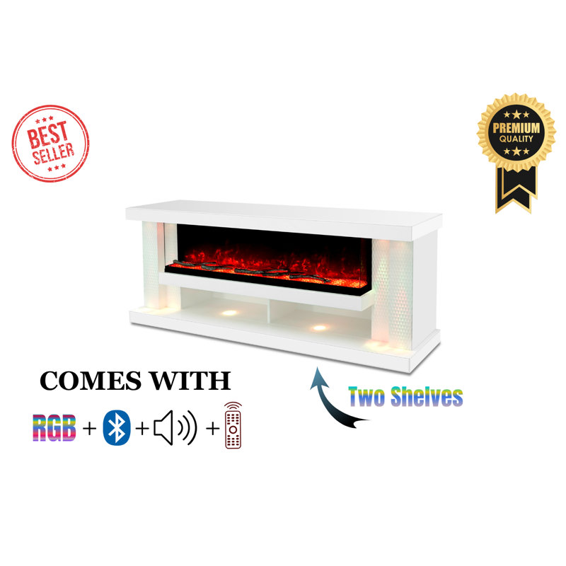 Meuble télé ultrabrillant / foyer électrique avec tablettes, lumières à DEL RVB, haut-parleur Bluetooth, télécommande - aucun assemblage requis