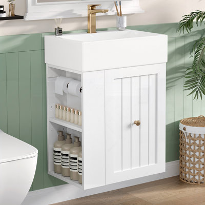 Meuble-lavabo avec lavabo en céramique, armoire de rangement en panneau de fibres à densité moyenne, tiroir, tablette latérale et poignée dorée - meuble-lavabo moderne peu encombrant pour les petites salles de bain