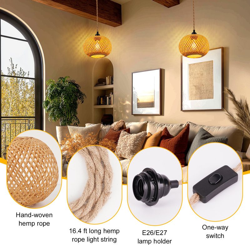 15ft 1-Light Boho Pendant Light Natural Rattan Single Light with Hemp Rope Switch  for Farmhouse Living Room