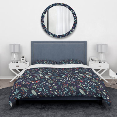 Sparkling Forest Leaves on Dark Blue - Eclectic Nature Duvet Cover Set - Microfiber Polyester