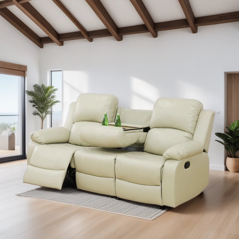 82'' Faux Leather Reclining Sofa, Beige Faux Leather