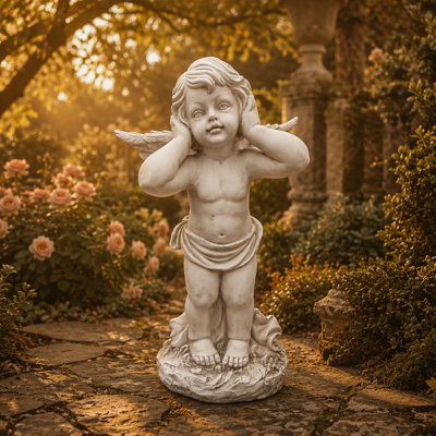 Resin Winged Angel Covering Ears Garden Statue, Outdoor Sculpture Ornament for Lawn, Patio & Courtyard